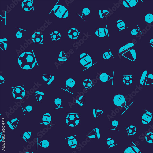 Set Soccer football ball, Yacht sailboat, American Football and Golf on tee on seamless pattern. Vector