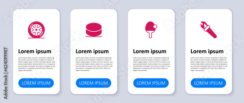 Set Torch flame, Racket, Hockey puck and Car wheel. Business infographic template. Vector