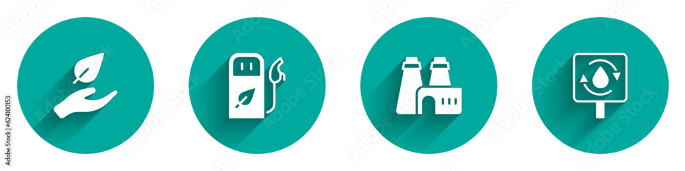 Set Leaf in hand, Petrol or gas station, Factory production and Recycle clean aqua icon with long shadow. Vector Set Leaf in hand, Petrol or gas station, Factory production and Recycle clean aqua icon with long shadow. Vector