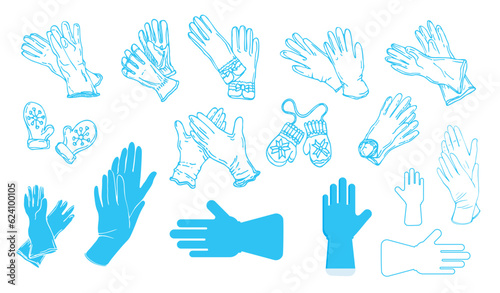 Collection of hand drawn gloves and mittens