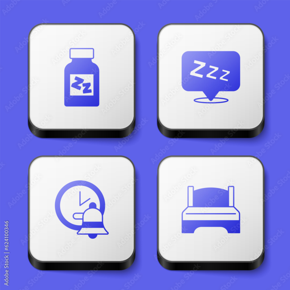 Set Sleeping pill, Sleepy, Alarm clock and Big bed icon. White square button. Vector Set Sleeping pill, Sleepy, Alarm clock and Big bed icon. White square button. Vector