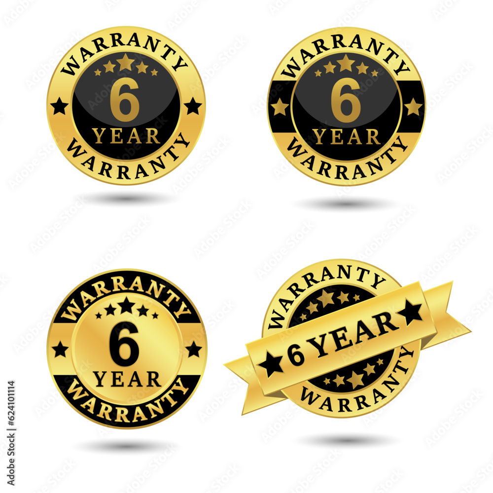 Collection of warranty 6 year label badge gold and black style, Set of warranty isolated on white background, Vector illustration.