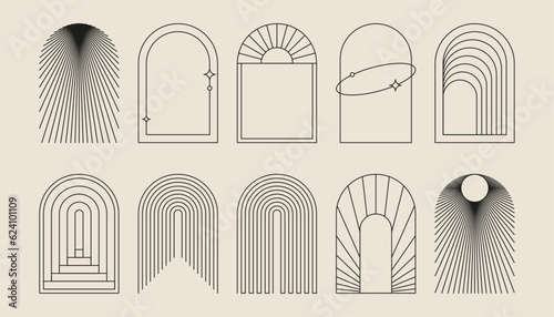 Boho frame arch vector illustration modern minimalistic retro aesthetic linear arc portal logo bohemian design element mystical geometric abstract border