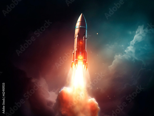 Rocket starts from abstract ground. Spaceship launch with fire and smoke. Concept of a successful start up of a business. Creative idea, education online. Ai Generative illustration