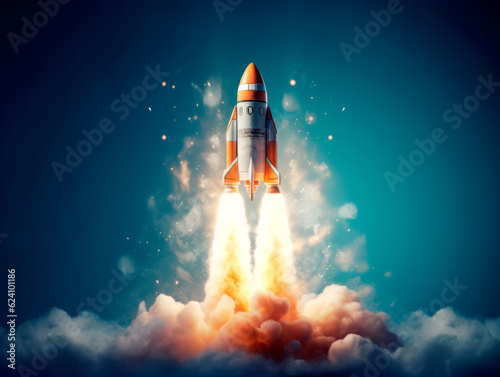 Rocket starts from abstract ground. Spaceship launch with fire and smoke. Concept of a successful start up of a business. Creative idea, education online. Ai Generative illustration