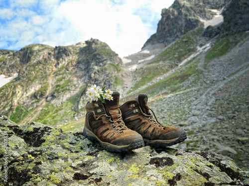 old hiking boots with flowers close up in mountains, abstract natural background. rock landscape. symbol of adventure, travel, hiking. template for design. copy space
