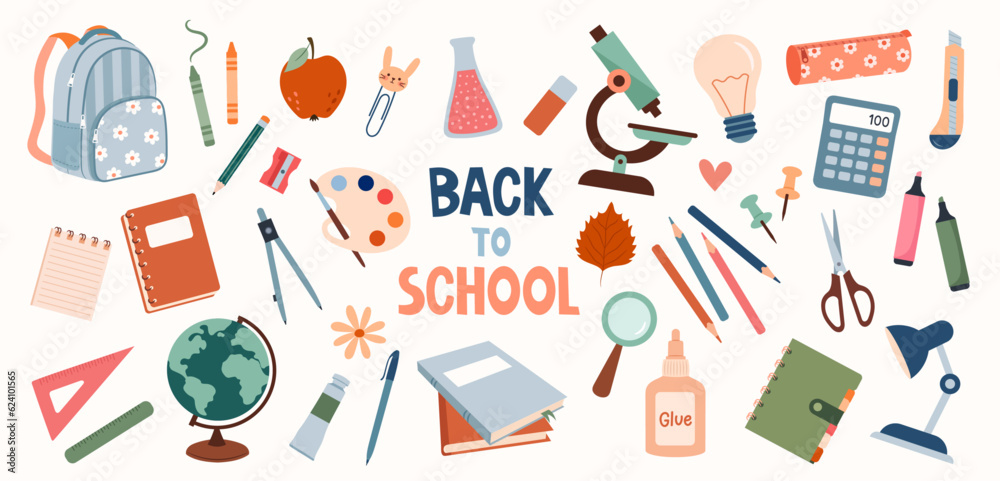 School stationery and supplies. Vector illustration