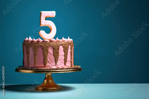 Birthday pink cake on a 5 years decorated with topper number five on a blue background. Copy space. Generative AI	