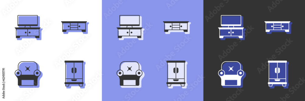 Set Wardrobe, TV table stand, Armchair and icon. Vector Set Wardrobe, TV table stand, Armchair and icon. Vector