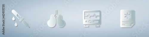 Set Pipette, Lungs, Monitor with cardiogram and Patient record. Paper art style. Vector