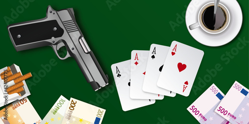 Composition vue du dessus, sur le thème du grand banditisme, avec le symbole du pistolet, des liasses de billets et d’un jeu de poker.