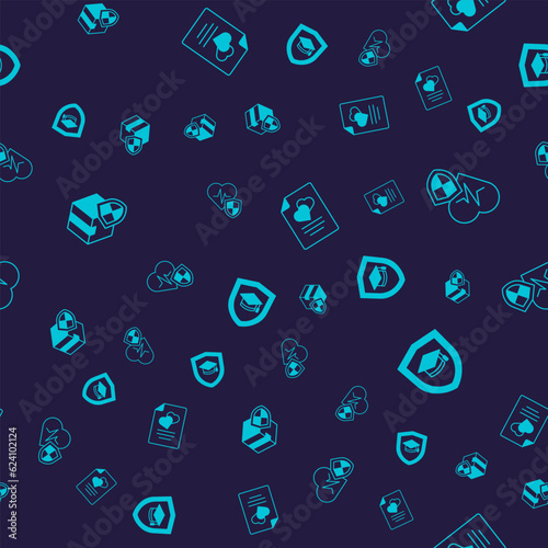 Set Delivery security with shield, Life insurance, Marriage contract and Graduation cap on seamless pattern. Vector