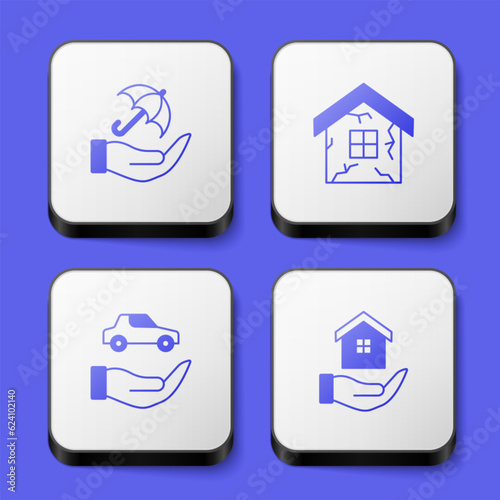 Set Umbrella in hand, House, Car insurance and icon. White square button. Vector