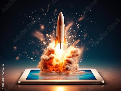 Spaceship launch from digital tablet. Rocket starts from mobile device screen. Concept of a successful start up of a business. Creative idea, education online. Ai Generative illustration