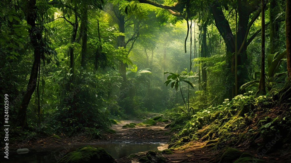 Exploring the Natural Wonders of Southeast Asia's Jungles: A Green Landscape of Trees and Tropical Forests. Generative AI