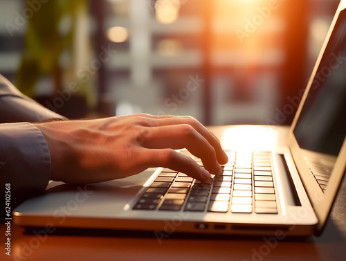 Businessman hands typing and working with laptop computer on wooden table close up. Side View. Freelancer lifestyle. Business technology concept. Ai Generative Illustration.