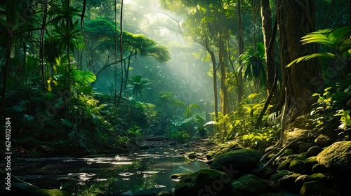 Exploring the Dense Tropical Jungle of Southeast Asia - A Lush Green Rainforest Landscape filled with Trees and Wildlife: Generative AI