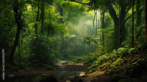 Exploring the Natural Wonders of Southeast Asia's Jungles: A Green Landscape of Trees and Tropical Forests. Generative AI © AIGen