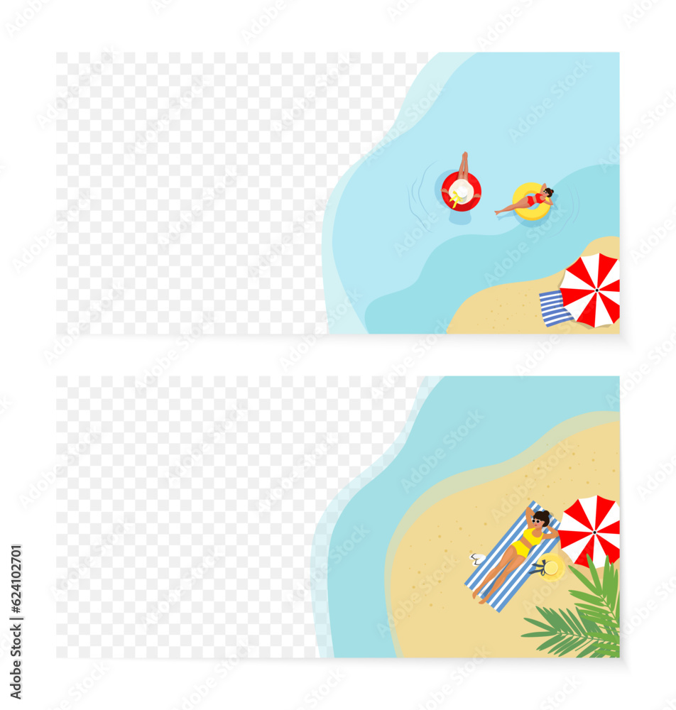 Summer vector banner with beach, sea and girls in floats. Summer bright horisontal banner with transparent background.