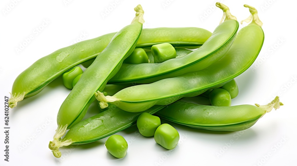 Green and Fresh Isolated Peas on White Background: A Close-Up of Juicy Green Peas inside a Pod: Generative AI Green and Fresh Isolated Peas on White Background: A Close-Up of Juicy Green Peas inside a Pod: Generative AI