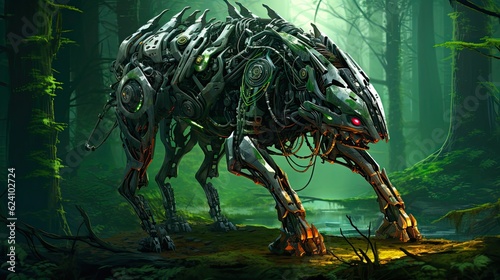 Futuristic Biomechanical Animals in Cyber-Forest. Illustration of Game-Like Robot Animal Technology Amidst Rainforest Vegetation. Generative AI