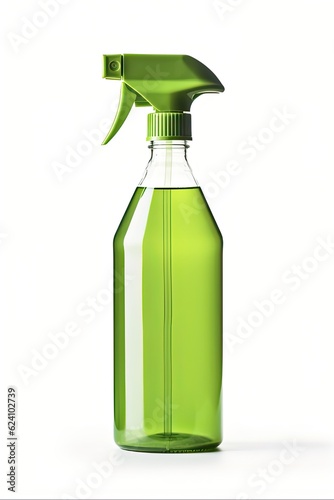 Green Cleaner Spray Bottle for Sanitary Housecleaning. Chemical Supply for Hygienic Cleaning Isolated on White Background: Generative AI photo