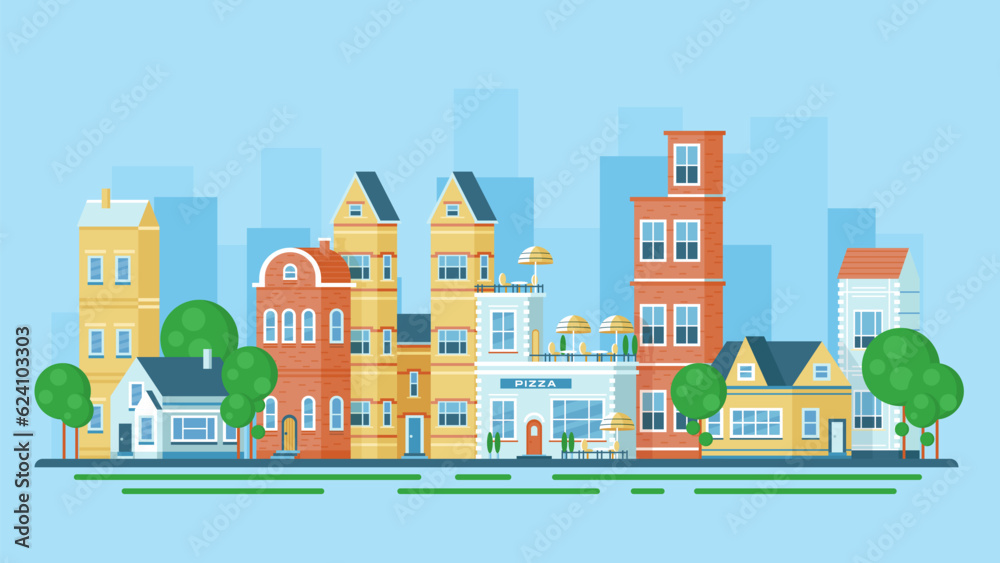 Fototapeta premium City landscape vector illustration. Cartoon urban cityscape with buildings exterior and trees, windows and doors in old colorful houses, Italian pizza cafe and shops on European summer street