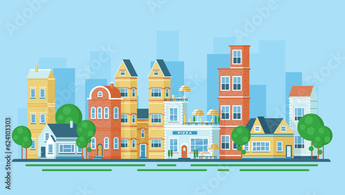 City landscape vector illustration. Cartoon urban cityscape with buildings exterior and trees, windows and doors in old colorful houses, Italian pizza cafe and shops on European summer street