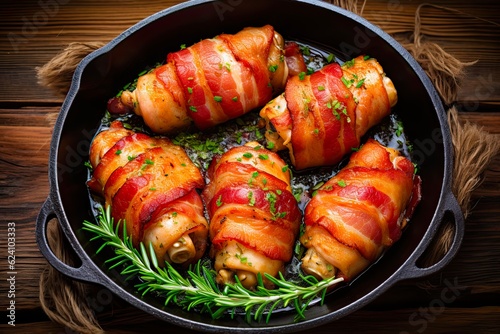 Juicy Bacon Wrapped Chicken Drumsticks. Top view of Oven Roasted Smoked Meat with Rosemary on Rustic Wooden Table with Green Background. Generative AI