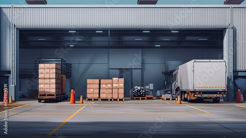 Loading Bay Warehouse with Trailer for Commercial Cargo Delivery and Distribution: Generative AI
