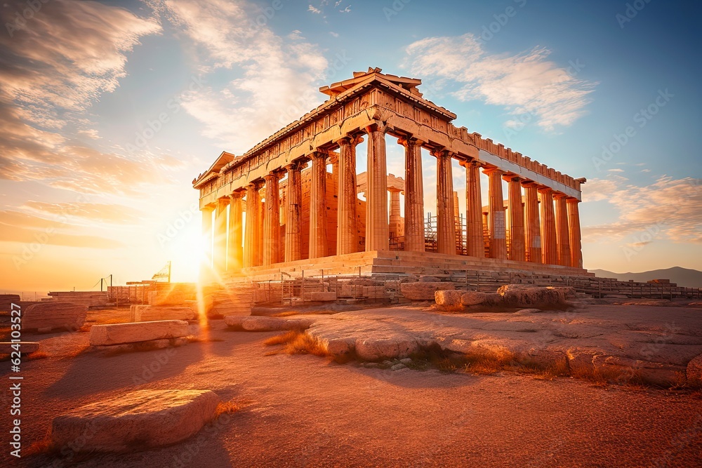 Parthenon Athens: Ancient Greek Temple with Majestic Columns and Unique Stone Architecture on the Acropolis Amid Stunning Sunset Colors. Generative AI