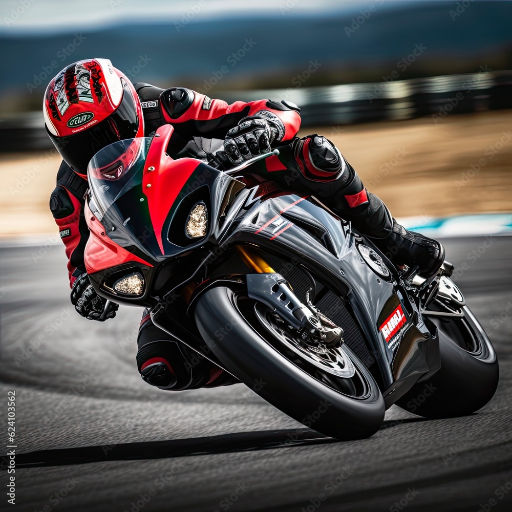 Red and Black Motorcycle Racer Riding Sportbike on Racetrack for Extreme Racing Enthusiasts. Generative AI