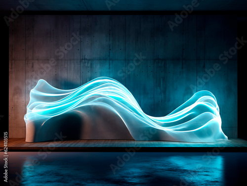 Blue neon concrete room texture. Wavy background. Interior wall decoration panel pattern abstract waves. Modern design. Display product promotion mockups. Ai generartive photo