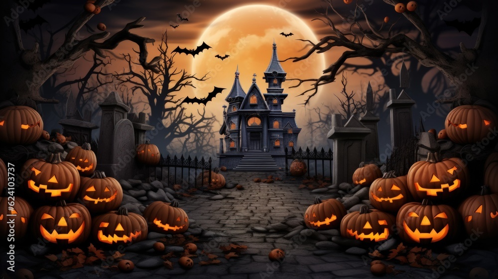 Fototapeta premium Spooky Halloween Backdrop Wallpaper. Digital Illustration. Generative AI.