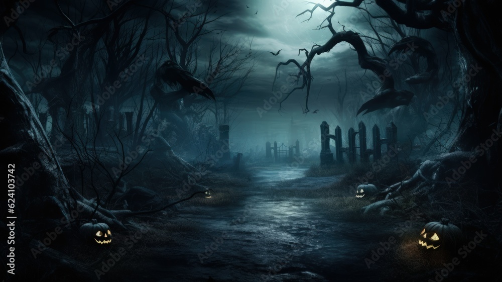 Spooky Halloween Backdrop Wallpaper. Digital Illustration. Generative AI.
