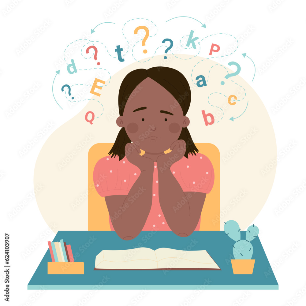 Disability problem of kids dyslexia vector illustration. Cartoon dyslexic girl with anxiety on face learning, reading at school table, education difficulty and mental disorder of confused child Disability problem of kids dyslexia vector illustration. Cartoon dyslexic girl with anxiety on face learning, reading at school table, education difficulty and mental disorder of confused child