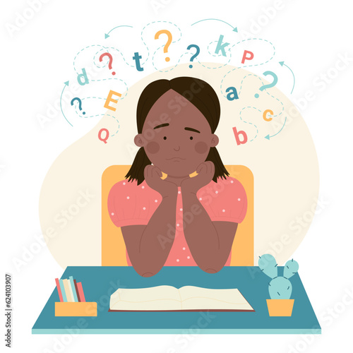 Disability problem of kids dyslexia vector illustration. Cartoon dyslexic girl with anxiety on face learning, reading at school table, education difficulty and mental disorder of confused child