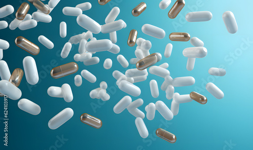 brown and White Pills Arrangement on Blue Background - AI-Generated"