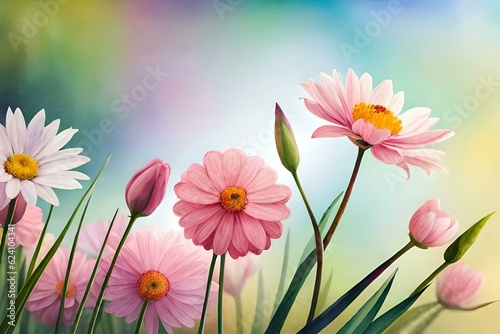 pink cosmos flowers made of water colors