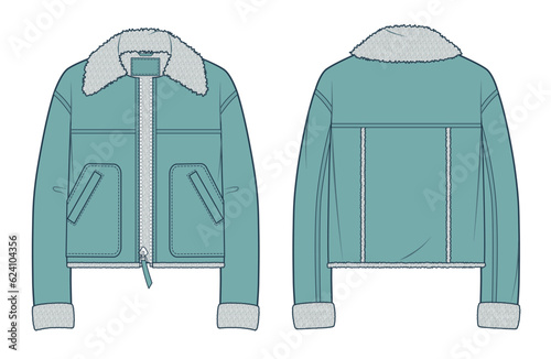 Unisex  Jacket with Faux Fur technical fashion illustration. Coat, Leather Bomber fashion flat technical drawing template, pocket, button, front, back view, green, women, men, unisex CAD mockup. 
