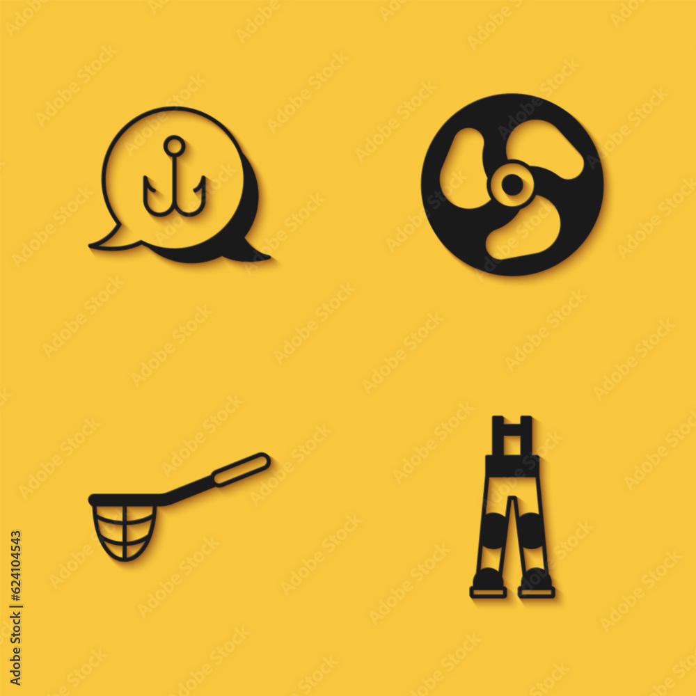 Set Fishing hook, Fisherman pants, net and Outboard boat motor icon with long shadow. Vector Set Fishing hook, Fisherman pants, net and Outboard boat motor icon with long shadow. Vector