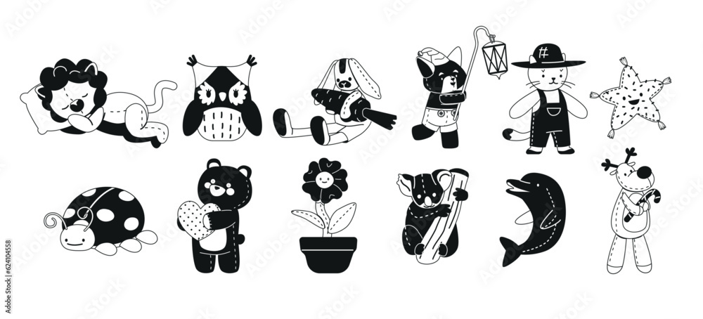 Set Plush Toys Black and White Icons. Lion, Owl, Rabbit And Fox. Cat, Star, Lady Bug And Bear With Heart. Flower In Pot