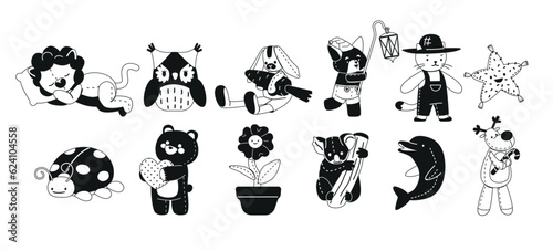 Set Plush Toys Black and White Icons. Lion  Owl  Rabbit And Fox. Cat  Star  Lady Bug And Bear With Heart. Flower In Pot