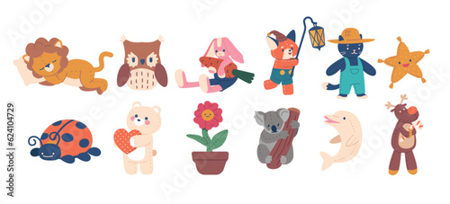 Fototapeta Naklejka Na Ścianę i Meble -  Set Plush Toys Lion, Owl, Rabbit And Fox. Cat, Star, Lady Bug And Bear With Heart. Flower In Pot, Koala, Deer, Dolphin