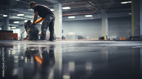 The worker applies gray epoxy resin to the new floor © darkhairedblond