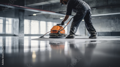 The worker applies gray epoxy resin to the new floor
