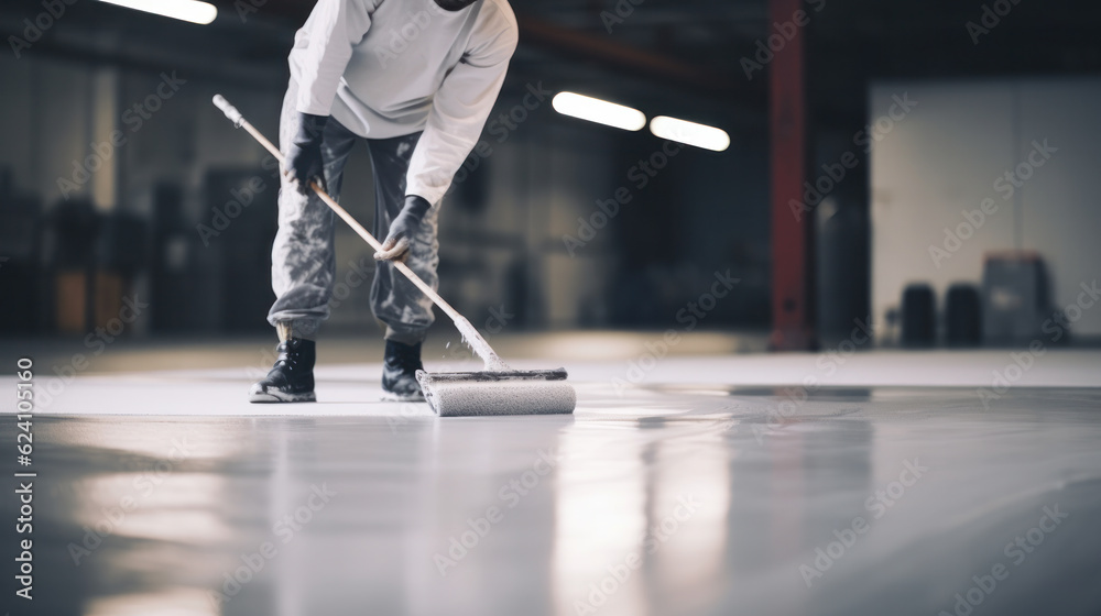 Obraz premium The worker applies gray epoxy resin to the new floor