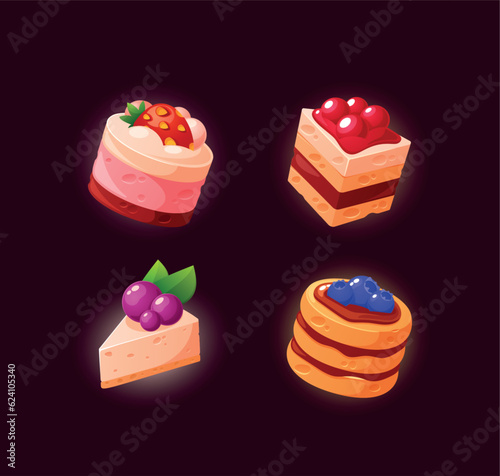 Colorful Cupcake Game Icons Featuring Different Flavors And Decorations. Cute Cartoon Sweets And Baked Confectionery