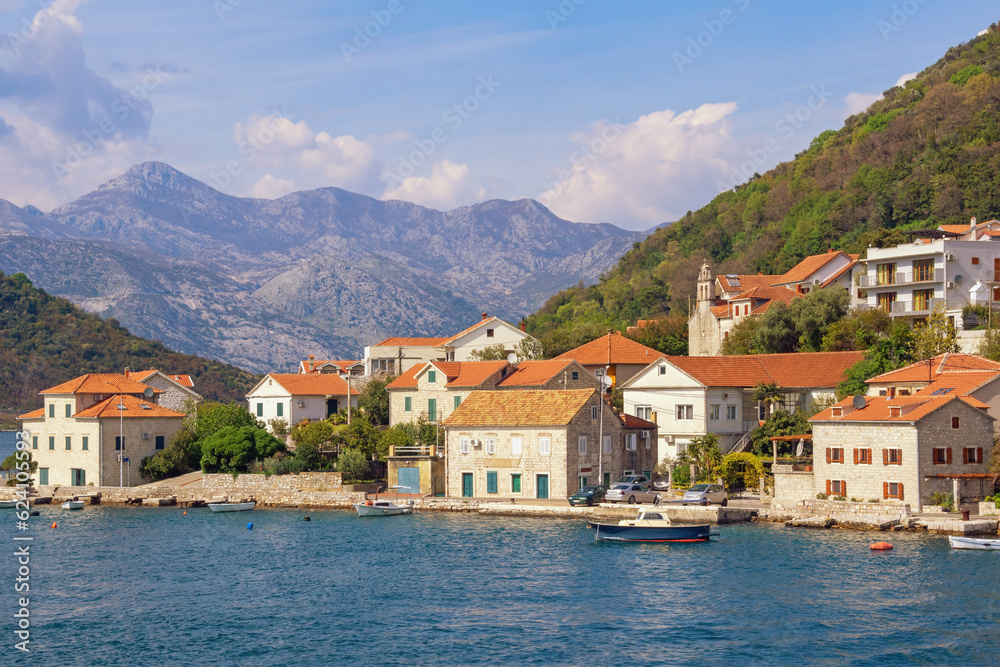  Beautiful Mediterranean landscape on sunny spring day. Montenegro, Adriatic Sea. View of Bay of Kotor and Lepetane village