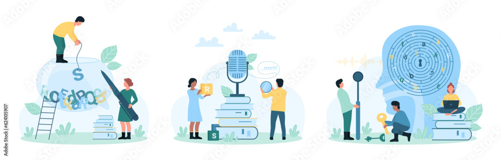 Difficulty in learning set vector illustration. Cartoon tiny people work with chaos of letters, help with problem of dyslexia and dysgraphia, understanding and mind processing, speaking pronunciation - obrazy, fototapety, plakaty 